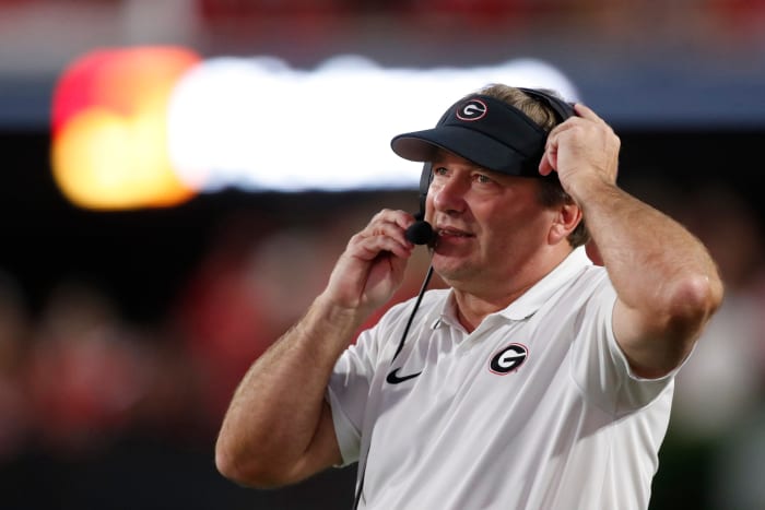 Georgia coach Kirby Smart on the sideline during the first half of a NCAA college football game against UAB in Athens, Ga., on Saturday, Sept. 23, 2023. Credit: Joshua Jones